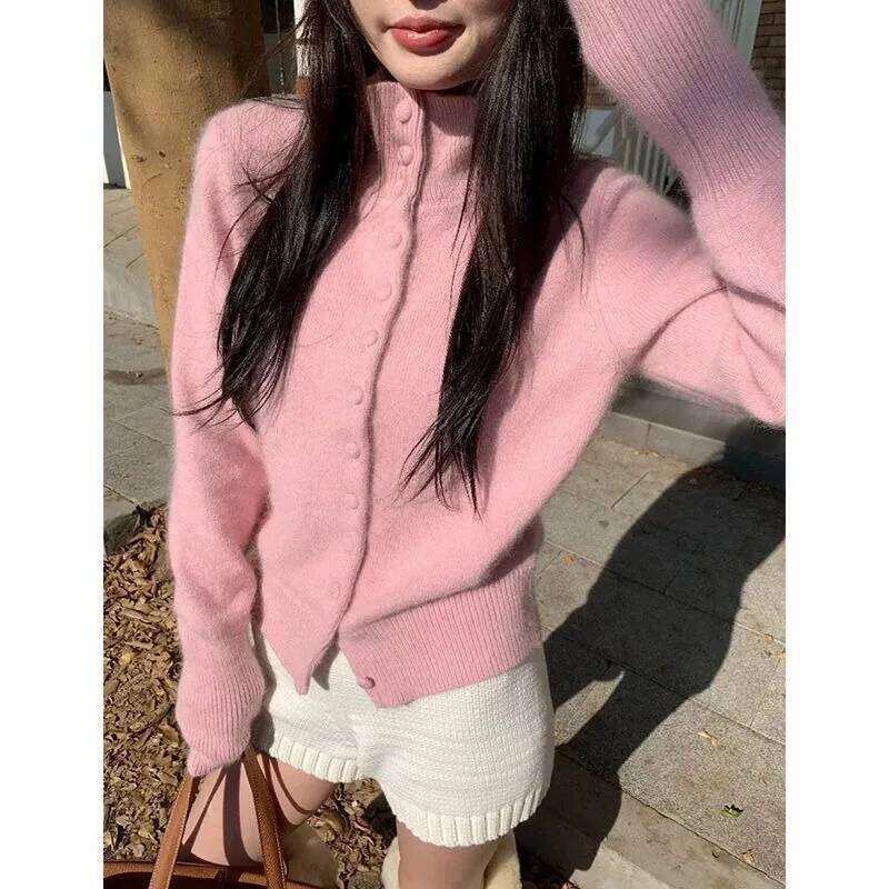 Deeptown White Basic Turtleneck Women Knitted Cardigan Pink Old Money Style Yellow Korean Fashion Sweaters Slim Casual Winter Z260313