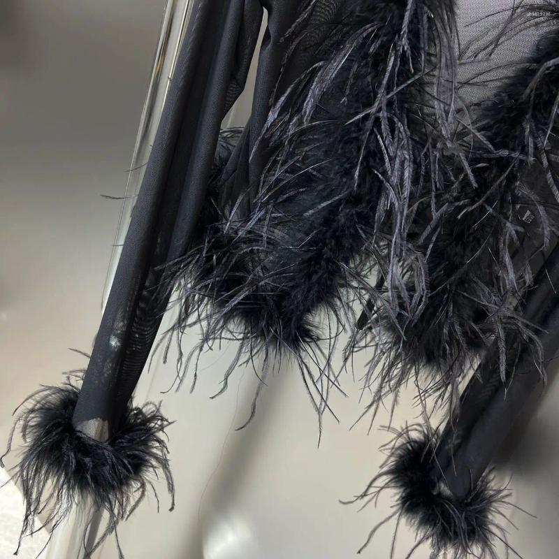 Women's Jackets Autumn Fashion Women Clothes Flare Sleeves Feather Spliced Mesh See Throw Sexy Top Cardigan Female Tide