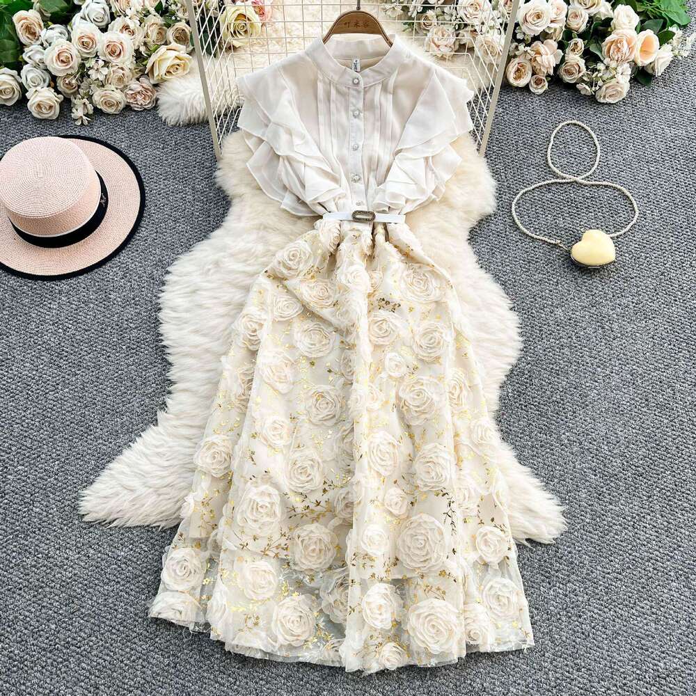 Women's French sweet pleated patchwork short sleeved dress with summer high-end design featuring three-dimensional floral details