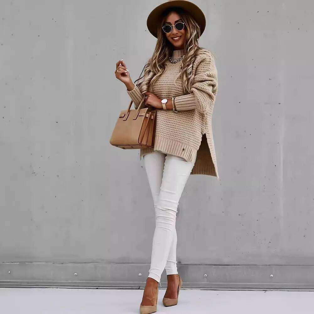 2024 Winter New Fashionable and Casual Women's Half High Collar Solid Color Bundle Hand Side Split Knitted Sweater Z260313