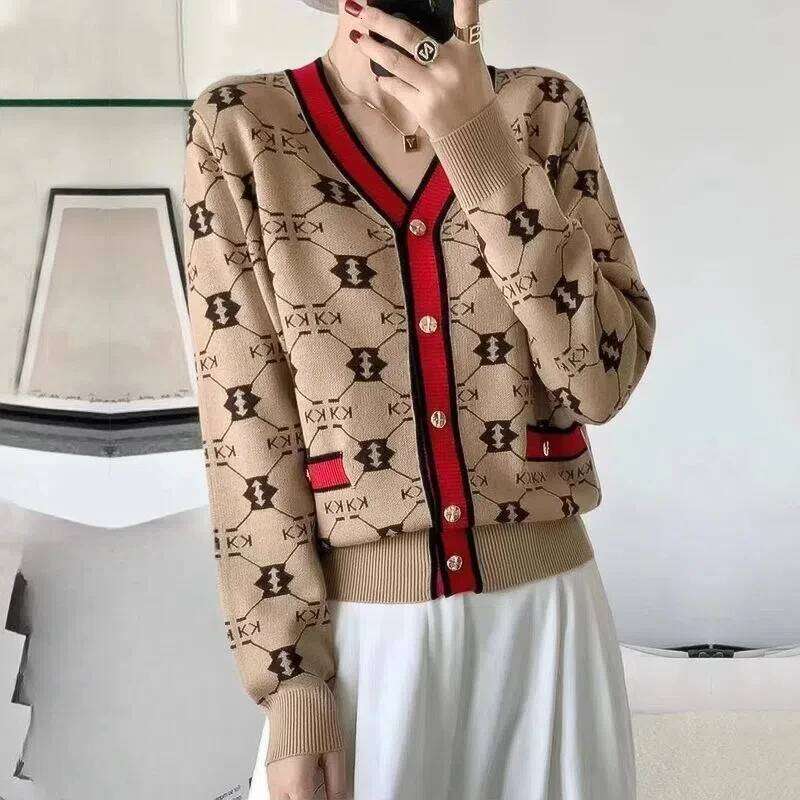 Autumn Winter V-Neck Geometric Women's Clothing Cardigan Sweater Knitted Button Lantern Long Sleeve Coats Contrast Color Tops Z260313