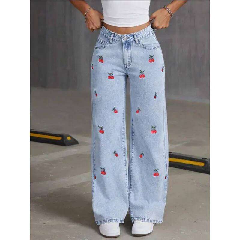 Women Jeans Embroidery High Waist Distressed Washed Pockets Vintage Floor Length Trousers 2025 Denim Wide Leg Pants Streetwear Z260313