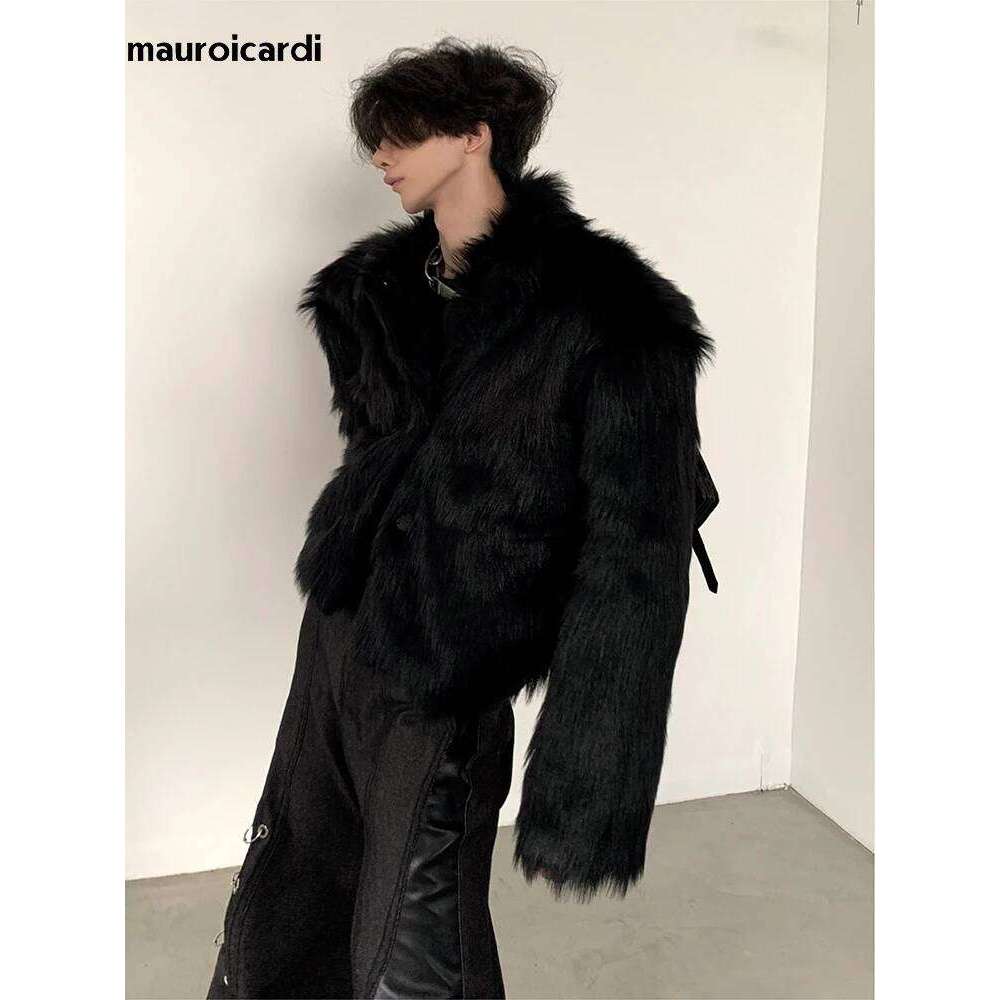 Mauroicardi Winter Short Cool Thick Warm Soft Black Hairy Faux Fox Fur Coat Men Long Sleeve Luxury Fluffy Jacket 2023 Z260313