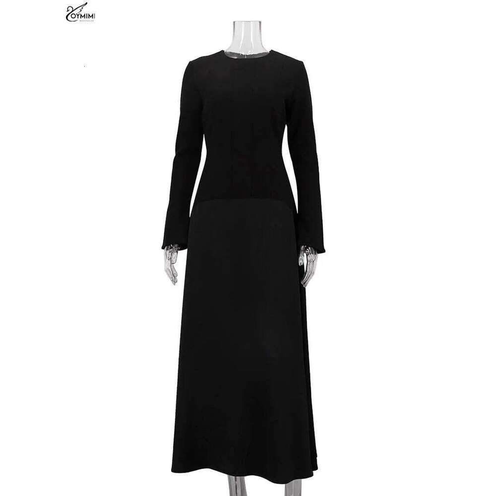 Oymimi Elegant Black O-Neck Womens Fashion Long Sleeve Patchwork Slim Dresses Casual New Straight Ankle-Length Dress Z260313