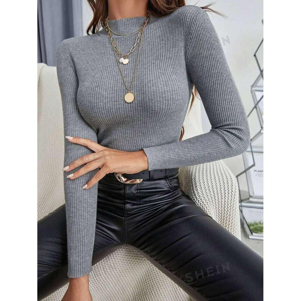 Gray Knitted Sweater For Women Basic Pullovers Slim Fit Stand Collar Long Sleeve Spring Autumn Female Casual Stripes Red Tops Z260313