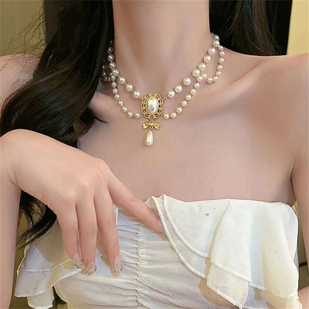 Multi-Layer White Heart Vintage Pearl Choker for Women Elegant Bowknot Pendant Wedding Necklace Jewelry H260312