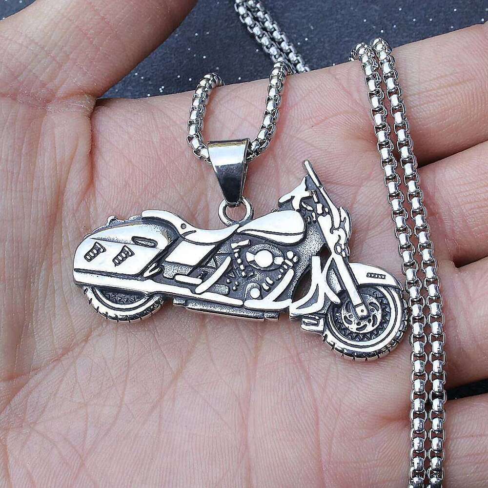 Hip-hop Motorcycle Pendant Necklace For Men Silver Color Stainless Steel Box Chain Cool Punk Fashion Neck Jewlery Party Gifts H260312