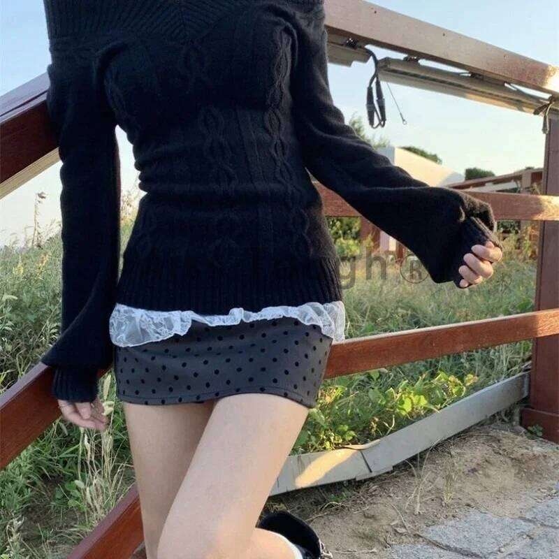 2025 Spring Autumn Black V-Neck Sweater Women Solid Elastic Design Fit Cross Knit Tops Chic Knitwear Casual Bottoming Clothing Z260313