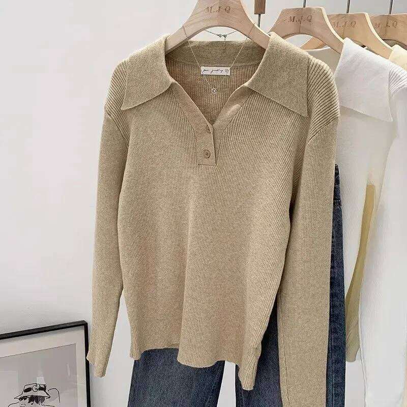 Women's Clothing Basic All-match Polo Collar Pullovers Autumn Winter Casual Loose Long Sleeve Sweaters Elegant Chic Button Tops Z260313