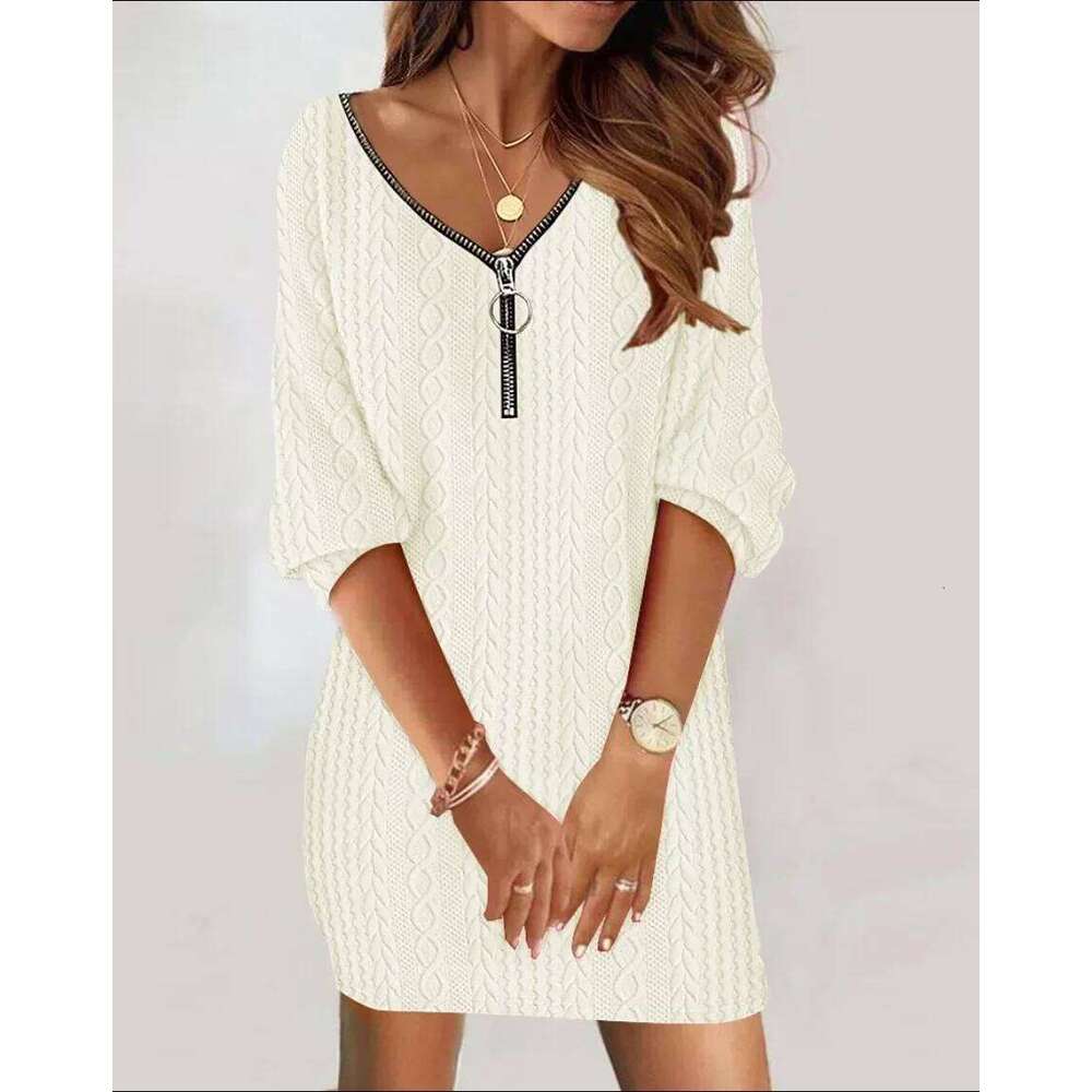 Sexy Zipper Mini Dress Women Winter Autumn V Neck Long Sleeve Dresses Solid Color Casual Basic Robe Z260314