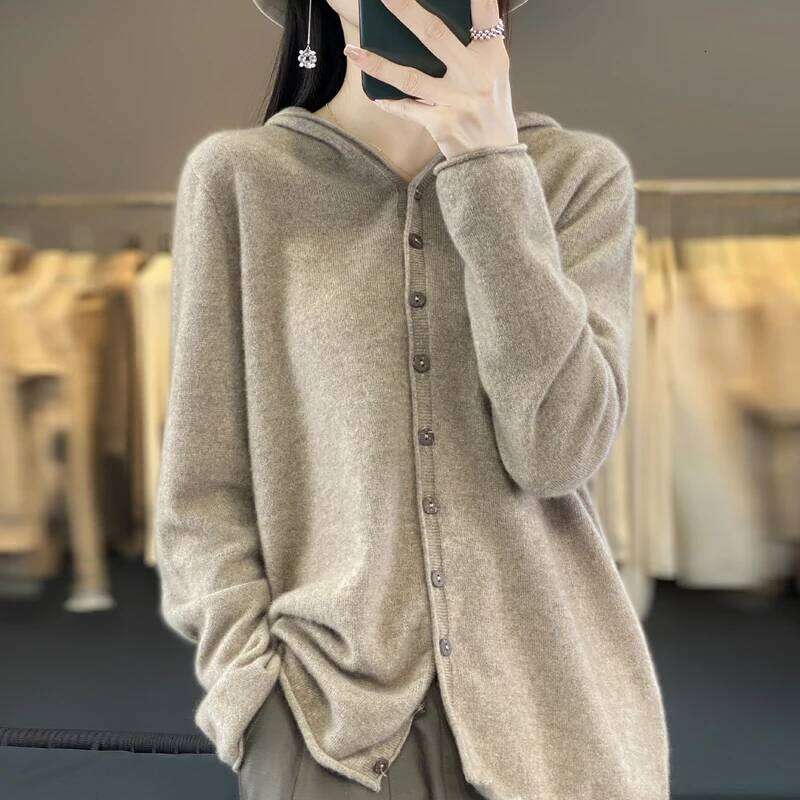 Cashmere 100% Merino Wool Women's Hooded Sweater Cardigan Solid Color Warm Loose Knit Top Z260313