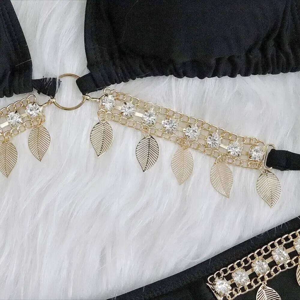 2025 Sexy Rhinestone Leaf Pendant Metal Chain Solid Swimwear Swimsuit Women Bikinis Set Bathing Suit Beach Bikini Female Y260303