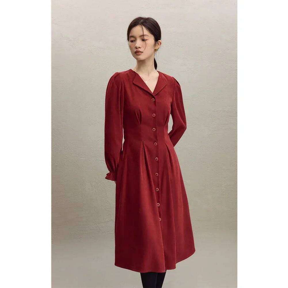 ZIQIAO Petite High Waist Tightening Red Shirt Women's Autumn Winter 2023 New Style Long A-line Dress For Women Z260313