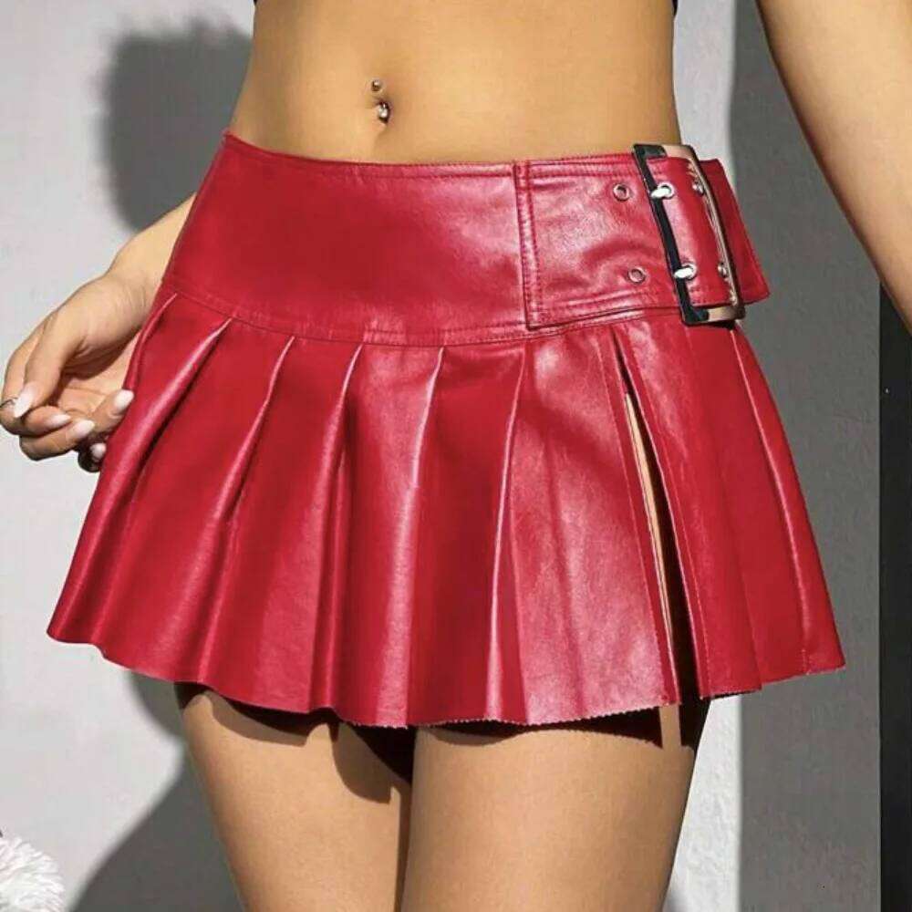 Sexy Hot Girls Silver Leather Pleated Club Party Street Style Buckle Belt Mini Short Skirt 2025 Summer Latest Z260314