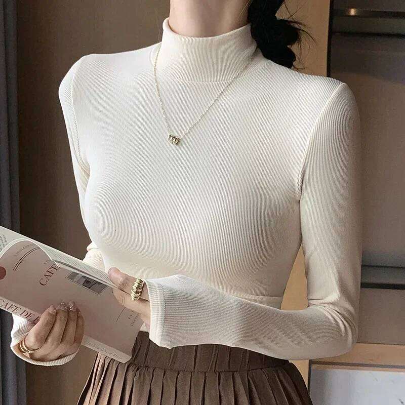 2024 New Fashion Knitted Half-turtleneck Pullovers Women Bottom Shirts Sweater Jumper Elegant Long-sleeved Tops Knitwear Z260313
