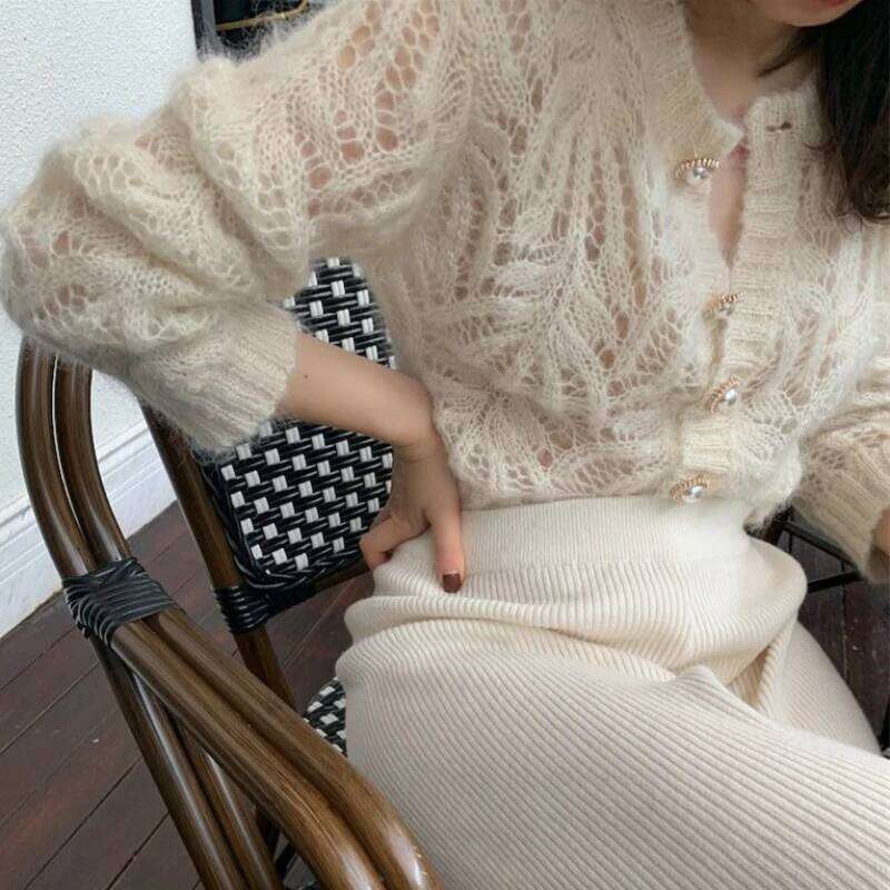 Korean Style V-neck Short Knitted Sweaters Women Thin Cardigan French mohair Fashion Sleeve Sun Protection Crop Top Ropa Mujer Z260314