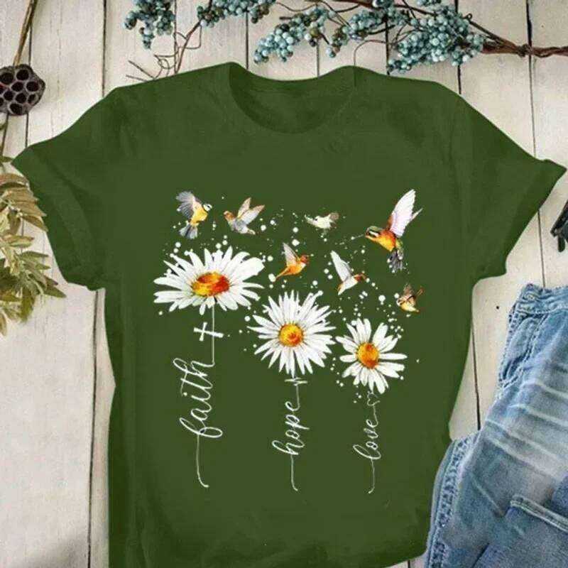 Faith Hope Love Daisy Print T Short Sleeve O Neck Loose Tshirt Summer Women Tee Shirt Tops Camisetas Mujer Z260314