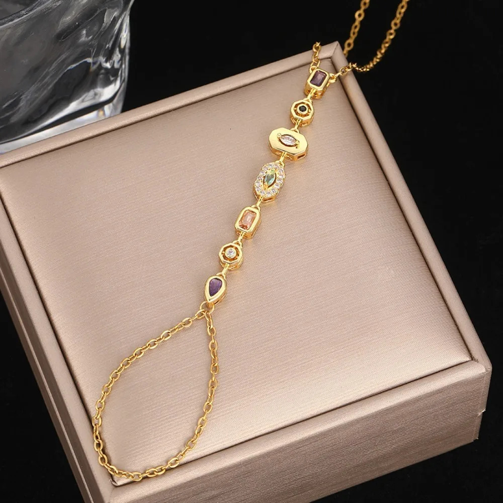 Fashion Sparkly Colored Rhinestones Gold Color Stainless Steel Finger Connect Bracelet Hand Back Chain for Women Jewelry 260313