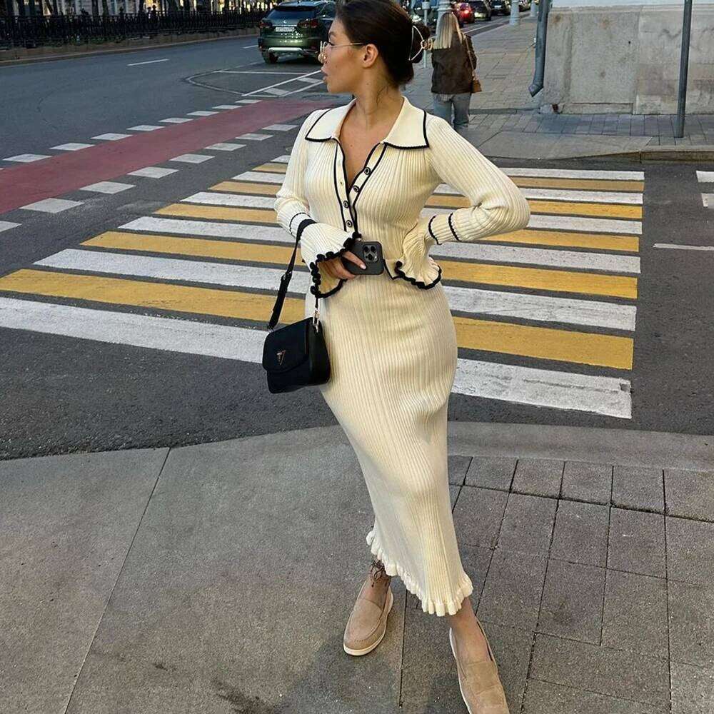 Talenza Ruffle Lapel Women's Elegant Long Sleeve Vintage Fashion Contrast Pocket High Waist Knitted Dress Z260314