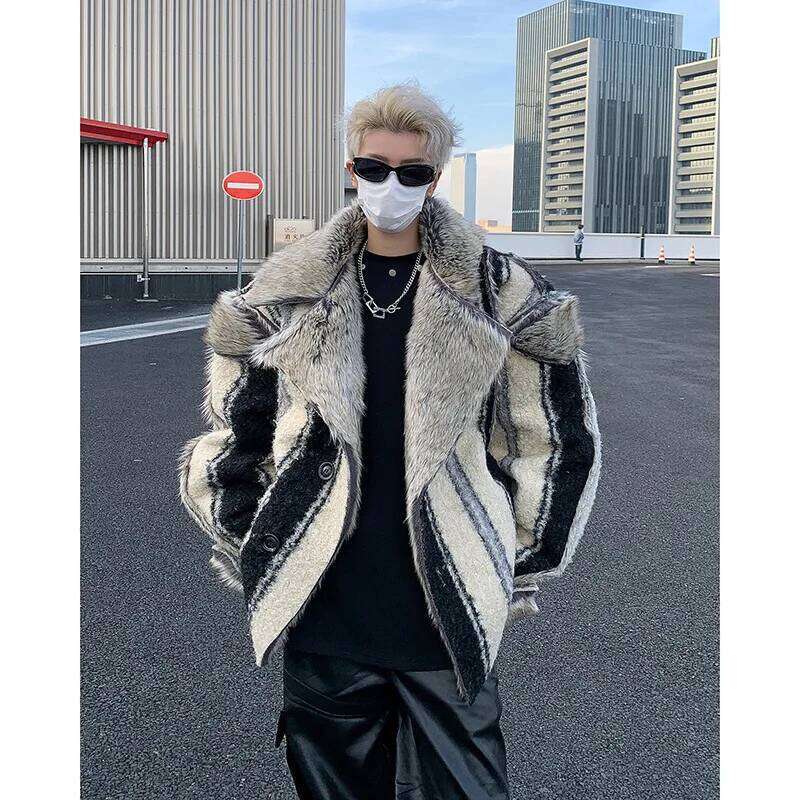 Reversible Striped Faux Fur Jacket,Fur Collar Padded Mans Coat, Y2k Winter Clothes Z260313
