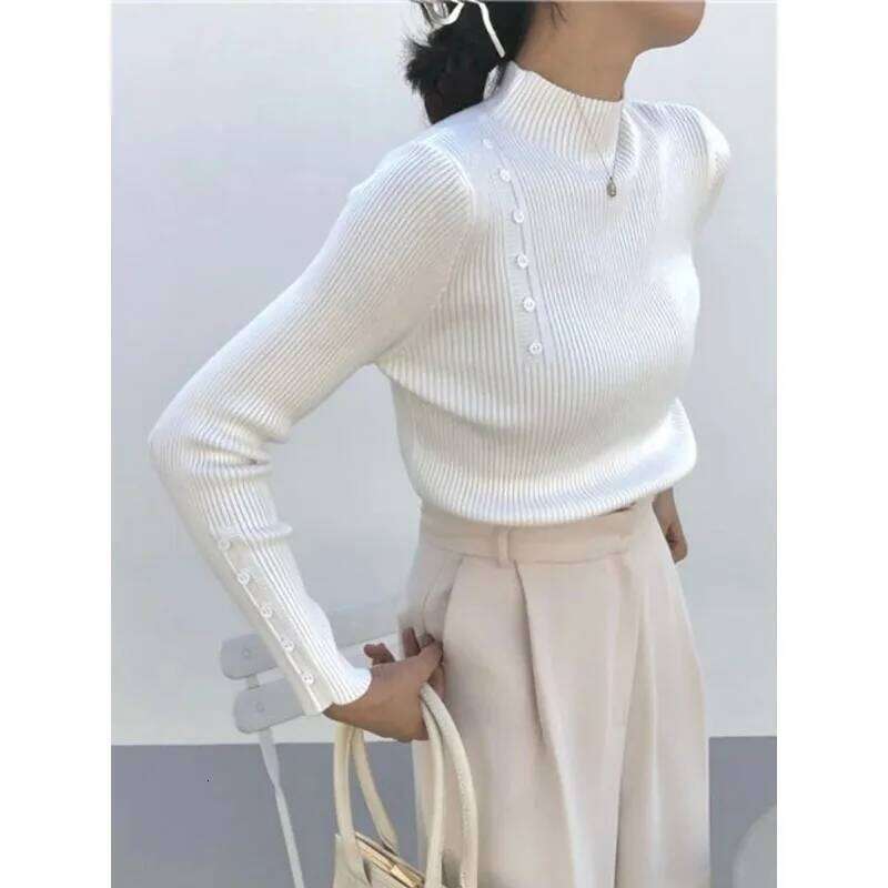 Women Knitted Sweater Long Sleeve Button Turtleneck Slim Pullovers for Autumn Winter Female Sweaters Soft Warm Bottoming Tops Z260314