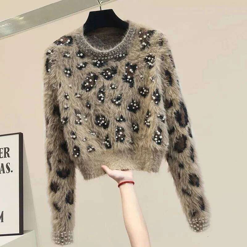Leopard Pearls Vintage Mink Knit O-Neck Long Sleeve Pullover Women's Sweater Female Sweaters Tops Woman Clothing Fashion 2025 Z260314