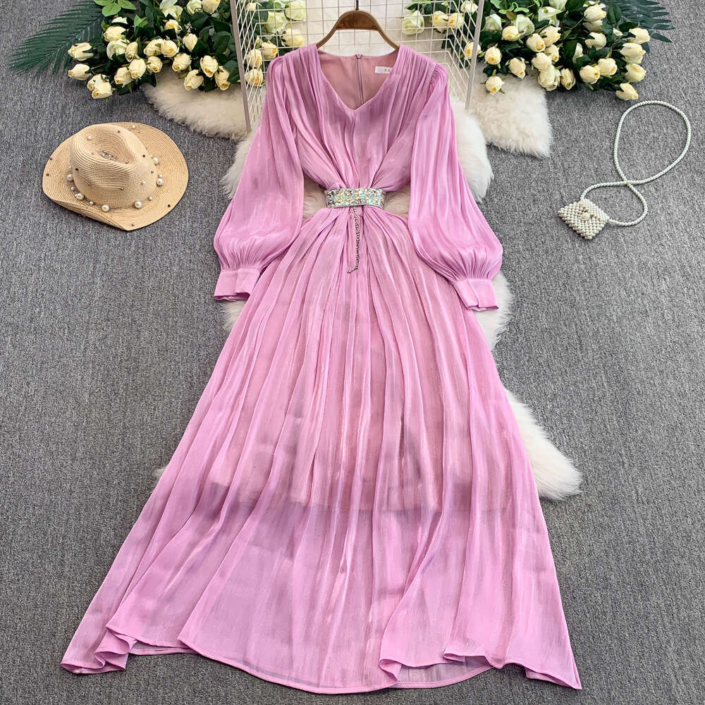 French high-end V-neck women's lantern sleeve dress with summer rhinestone decoration, waist cinching, slimming and elegant