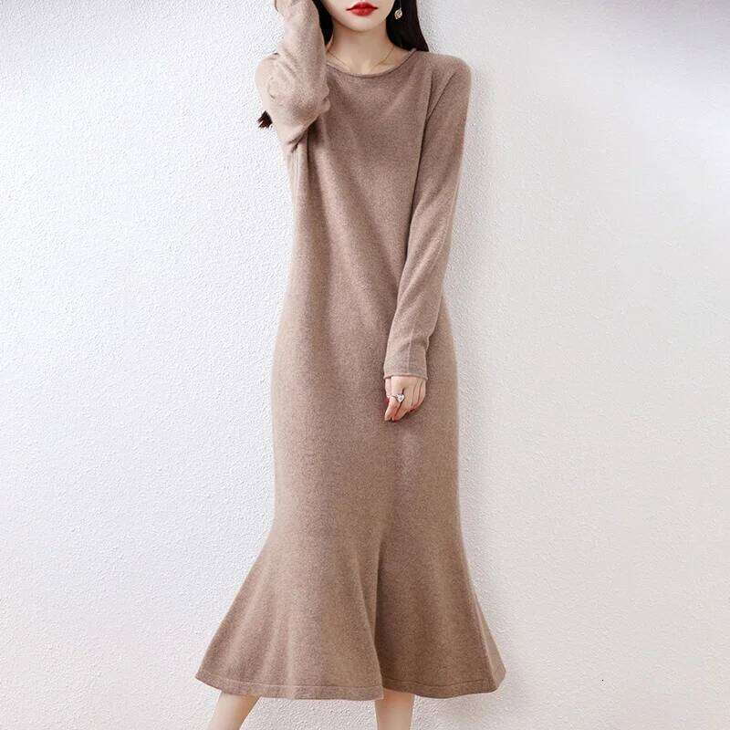 Elegant 100% Women Long Sleeve Curl O-neck Wool Knit Mermaid Sweater Skirt Spring Autumn Winter Fashion Female Dress Z260314