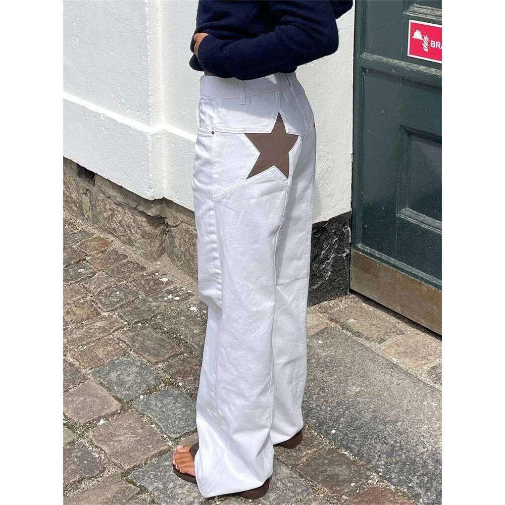 Women Fashion Jeans Star Pattern Loose Denim Spring Fall Casual Low Waist Trousers Wide Leg Pants Z260313