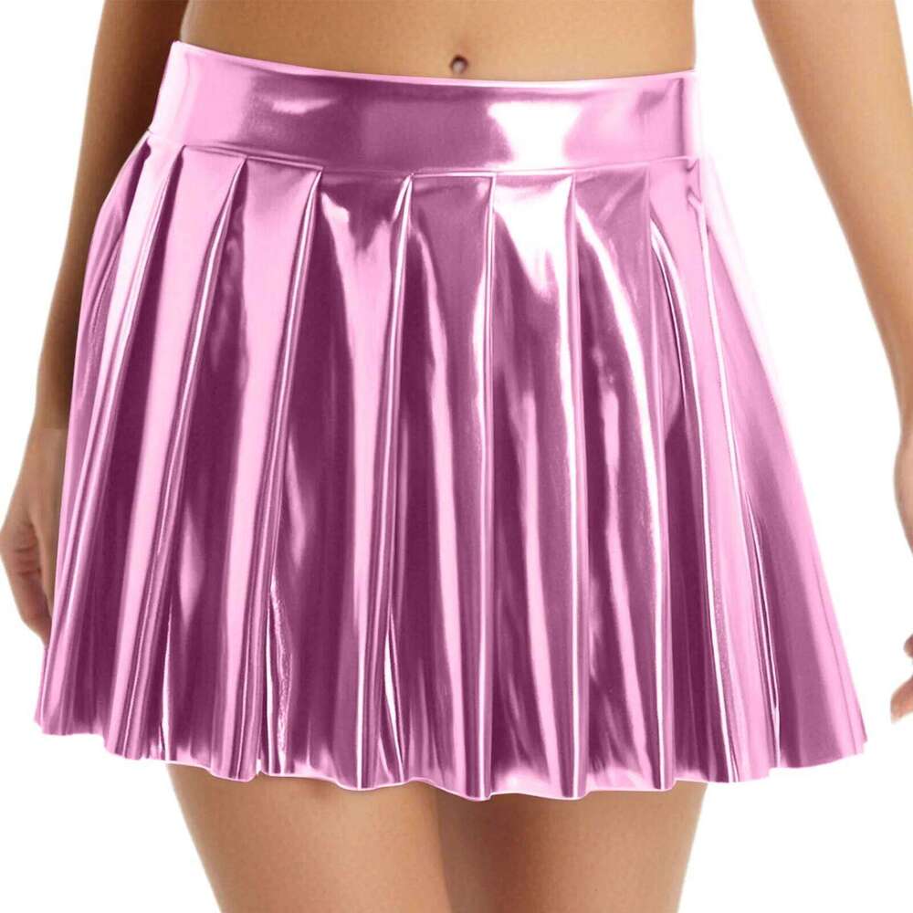 Womens Metallic Shiny Pleated Short High Waist Side Zipper Ruched Holographic A-line Mini Skirt Disco Rave Party Costume Z260314