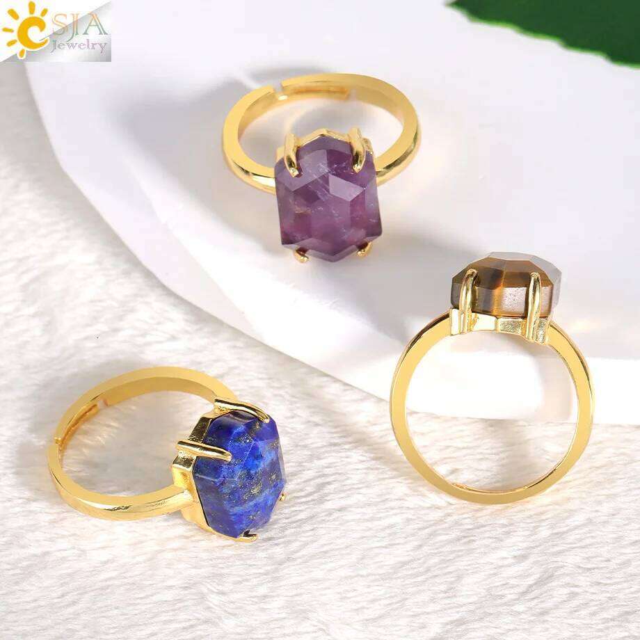 CSJA Natural Stone for Men Faceted Crystal Healing Tiger Eye Amethysts Gold Color Ring Jewelry Accessorise H544 H260312