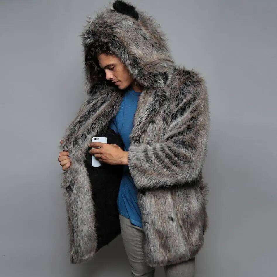 Men's Faux Long Sleeve Hooded Thick Warm Jackets Male Plush Fluffy Cardigan Casual Parka Snow Wear Winter Fur Coat Z260313