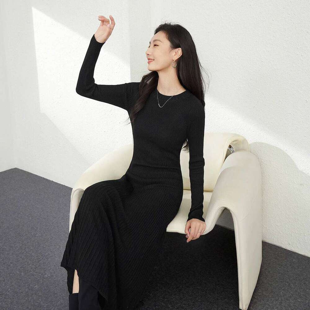 VIMLY Long Dresses 2025 Winter Woman Elegant Wool Blend Knitted Evening A-line Round Neck Slim Bodycon Midi Dress 73533 Z260314