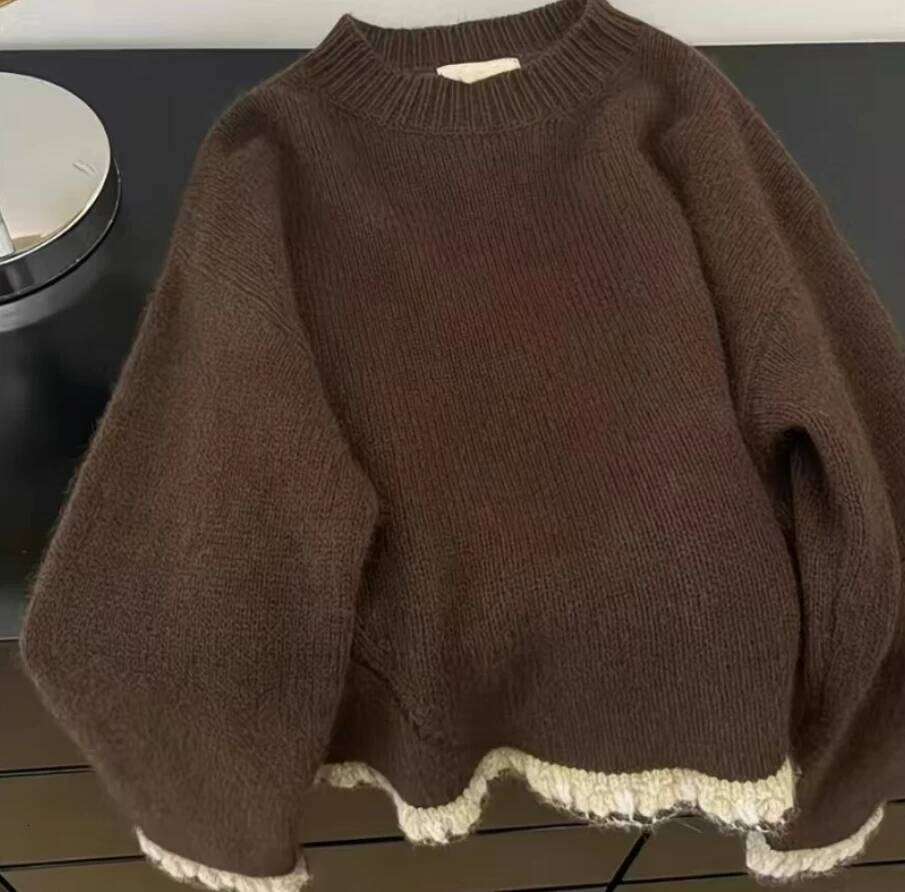 Korean Coffee Round Neck Sweater For Women Thickened Autumn Winter Soft Loose Lazy Style Splicing Colored Knitted Pullover Z260313