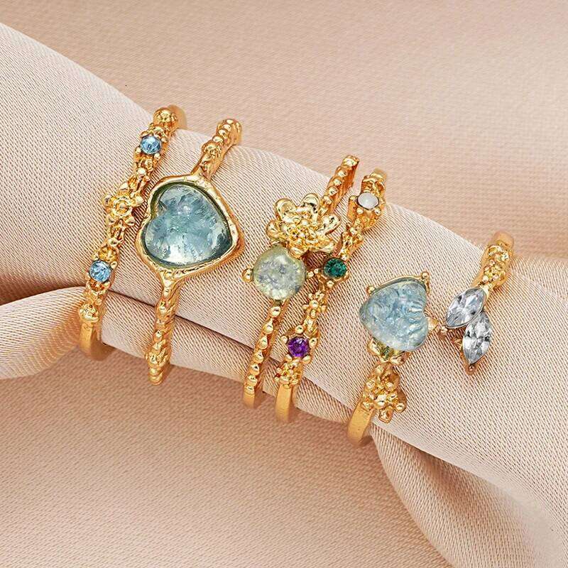 New Y2K Crystal Kpop Heart Adjustable Ring Irregular Geometry Punk Vintage Rings Set for Women Girls 2024 Fashion Jewelry H260312