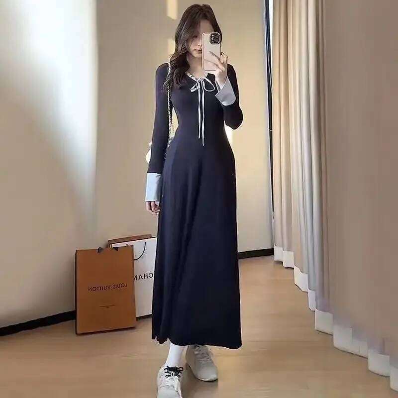 Small High-end Long-sleeved Knitted Dress Women in Autumn Winter New Style Waist Bottoming Inner Long Skirt Z260313