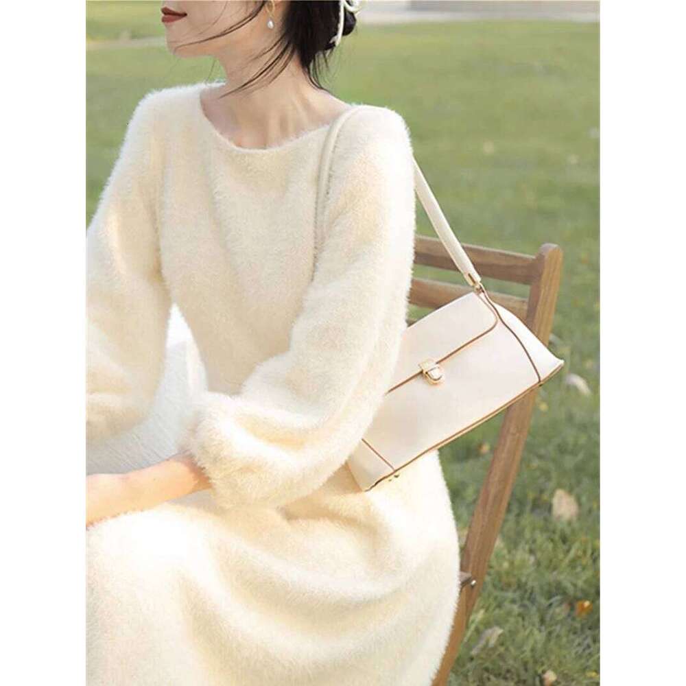 French Fairy Long Plush Gentle White Sweater Dress Women's Spring Autumn New Style Adding Velvet Thickening Dresses Z260314
