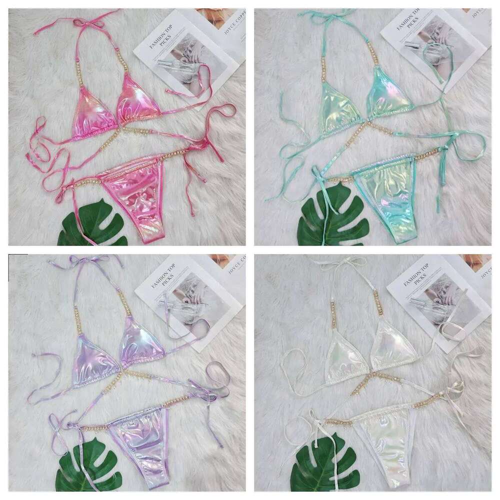 Sexy Halter Shiny Diamond Women Swimwear Female Swimsuit Laser Metallic Bikini Set Brazilian Bathing Suit Swim Beach Wear Y260303