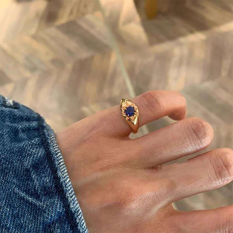 Foxanry Gold Color Blue Zircon Star Tail Rings For Women Couples Exquisite Trendy Elegant Temperament Engagement Jewelry Gifts H260312