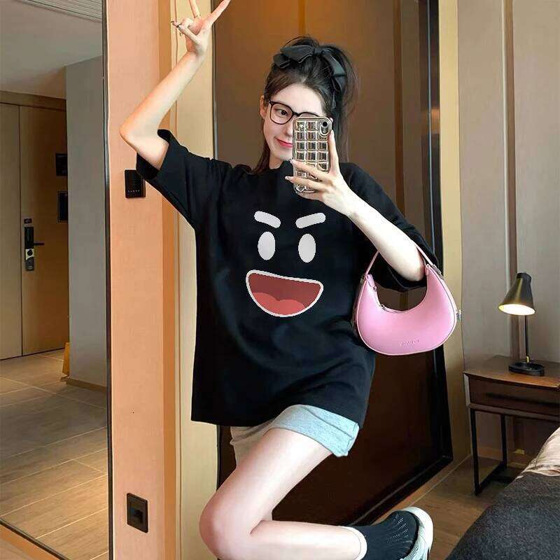 Cute smiley face Print Women Summer 2025 New 100%Cotton Korean Short Sleeve Loose T-shirt casual Y2k Top Female clothing Z260314