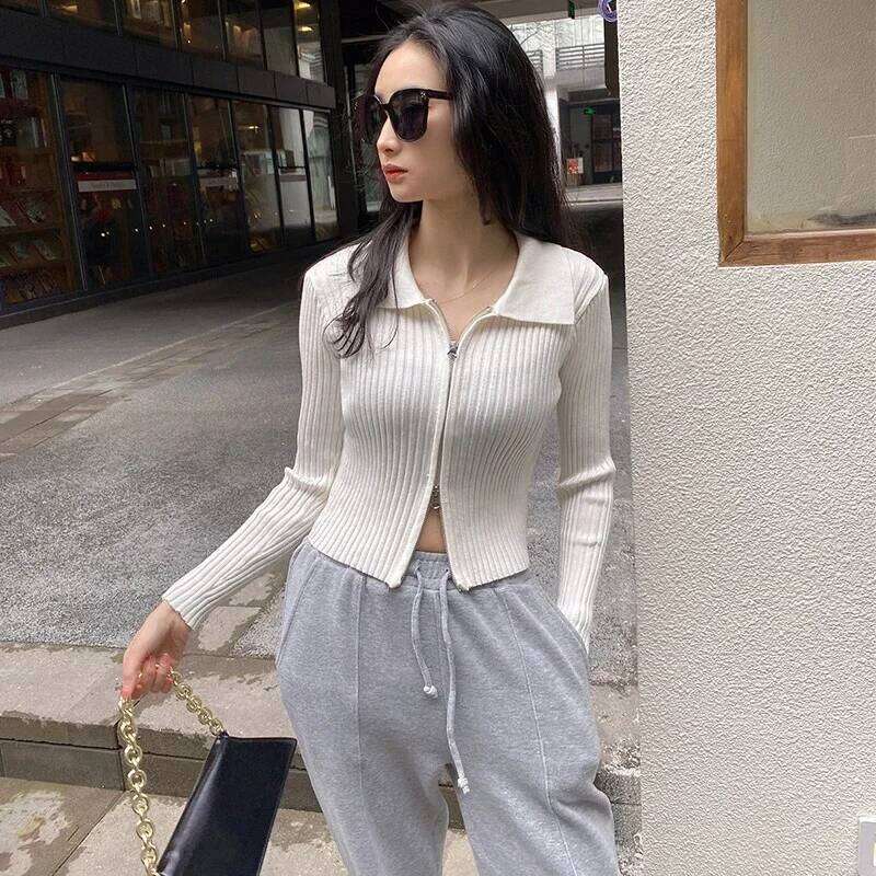 Autumn Knitted Cropped Cardigan Double Zippers Slim Korean Short Cardigans WomenWomen's Sweater Jacket Long Sleeve Tight Solid Z260313