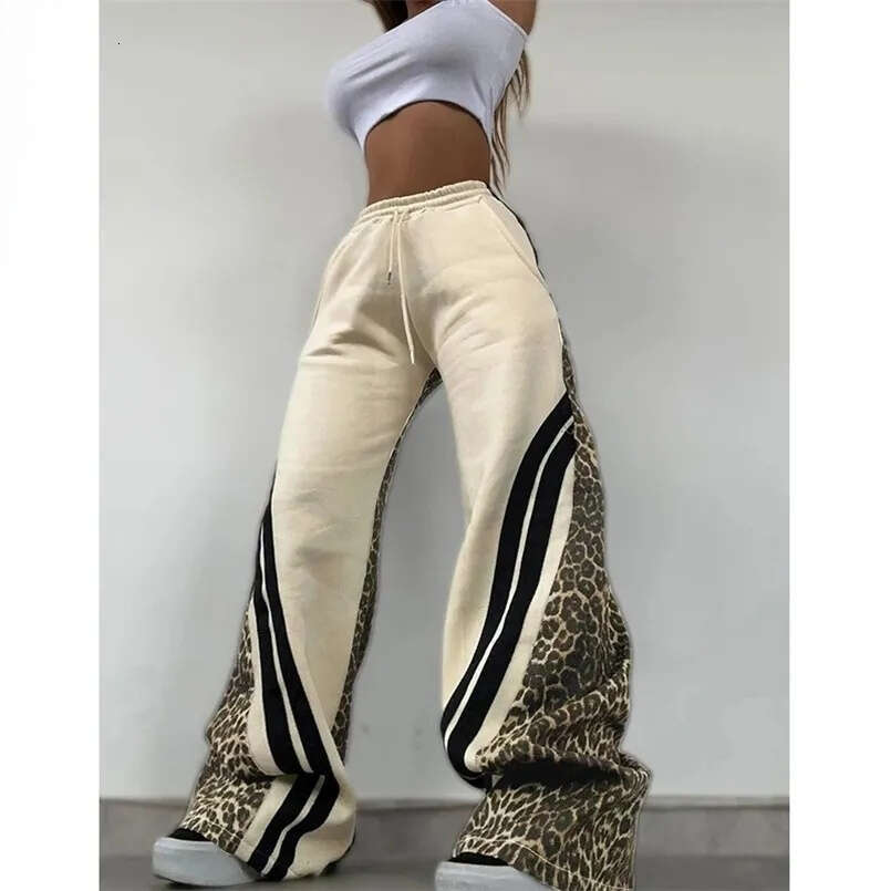 Sexy Leopard Print Patchwork Wide Leg Pants Women Drawstring Casual Baggy Sweatpants Spring Fall Harajuku Y2K Clothes Z260314