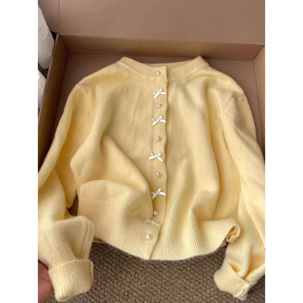 Women's Sweater Gentle Style Long Sleeve Pearl Button Top Spring Autumn New O-Neck Sweet Bow Yellow Knitted Cardigan Coat Z260313