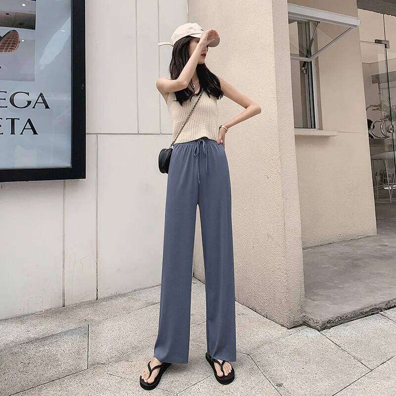 New Women Ankle-Length Wide Leg Casual Solid Elastic Waist Loose Ice Silk Pants Spring Summer Female Trousers
