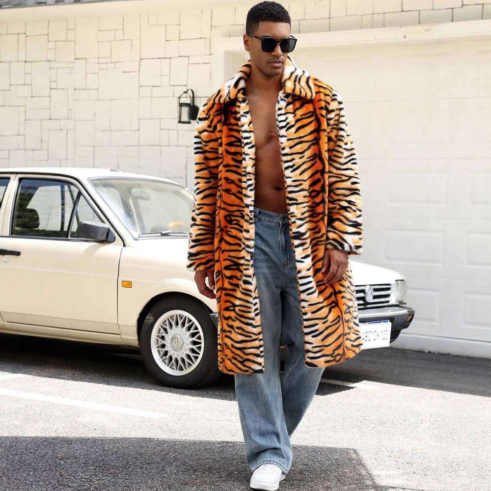 Men Tiger Stripe Coat Faux Fur Jacket Color Blocked Turn Down Collar Long Sleeve Single Breasted Loose Casual 2025 Autumn Winter Z260313