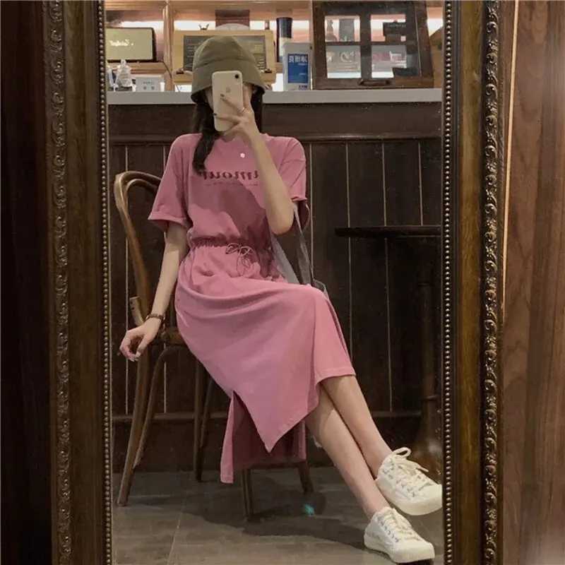Medium to long T-shirt skirt summer 2024 new T-shirt skirt summer style loose fit short sleeved dress womens clothingT260314