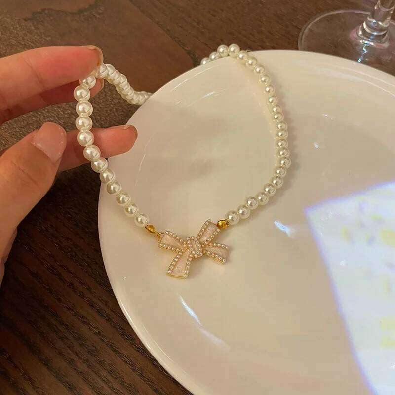 Trend Wedding Party Jewelry Bow Pendant Choker Necklace For Women Elegant White Imitation Pearl Chain Necklaces X0201 H260312