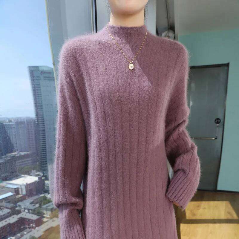 Thicken 100%Pure Mink Cashmere Knitted Dress Women's High-Neck Split Large Size Long Skirt Fashion Loose High-Waist Hip Pullover Z260313