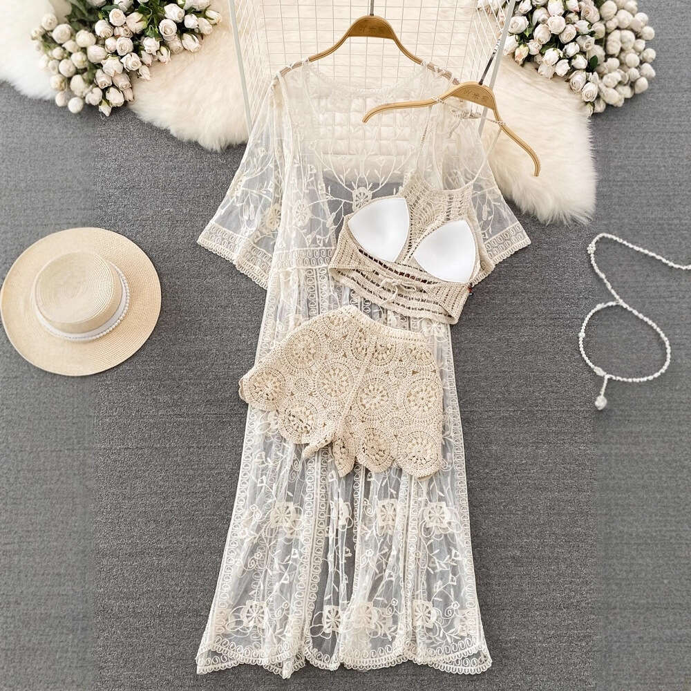 2026 Designer Seaside Vacation Fashion Set Lace Embroidery Medium length Sunscreen cardigan Tank Top Wide Leg Shorts