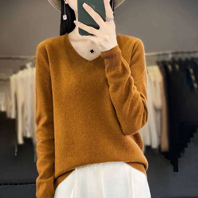 Women 100% Merino Wool Sweater V-Neck Basic Pullover Autumn Winter Cashmere Clothing Long Sleeve Soft Knitwear Tops Solid Color Z260313